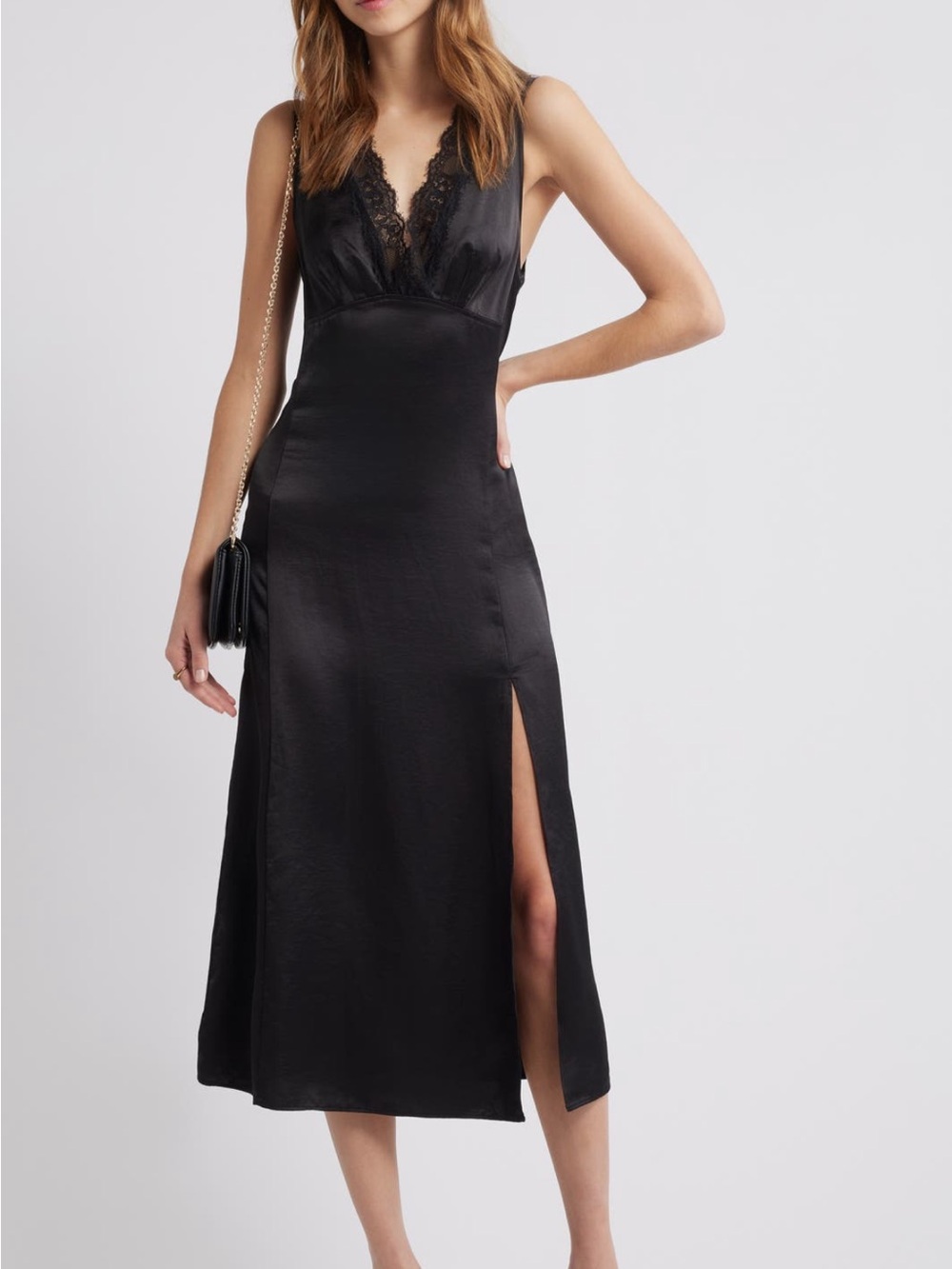 Women's Black Satin Midi Dress with Lace Trim